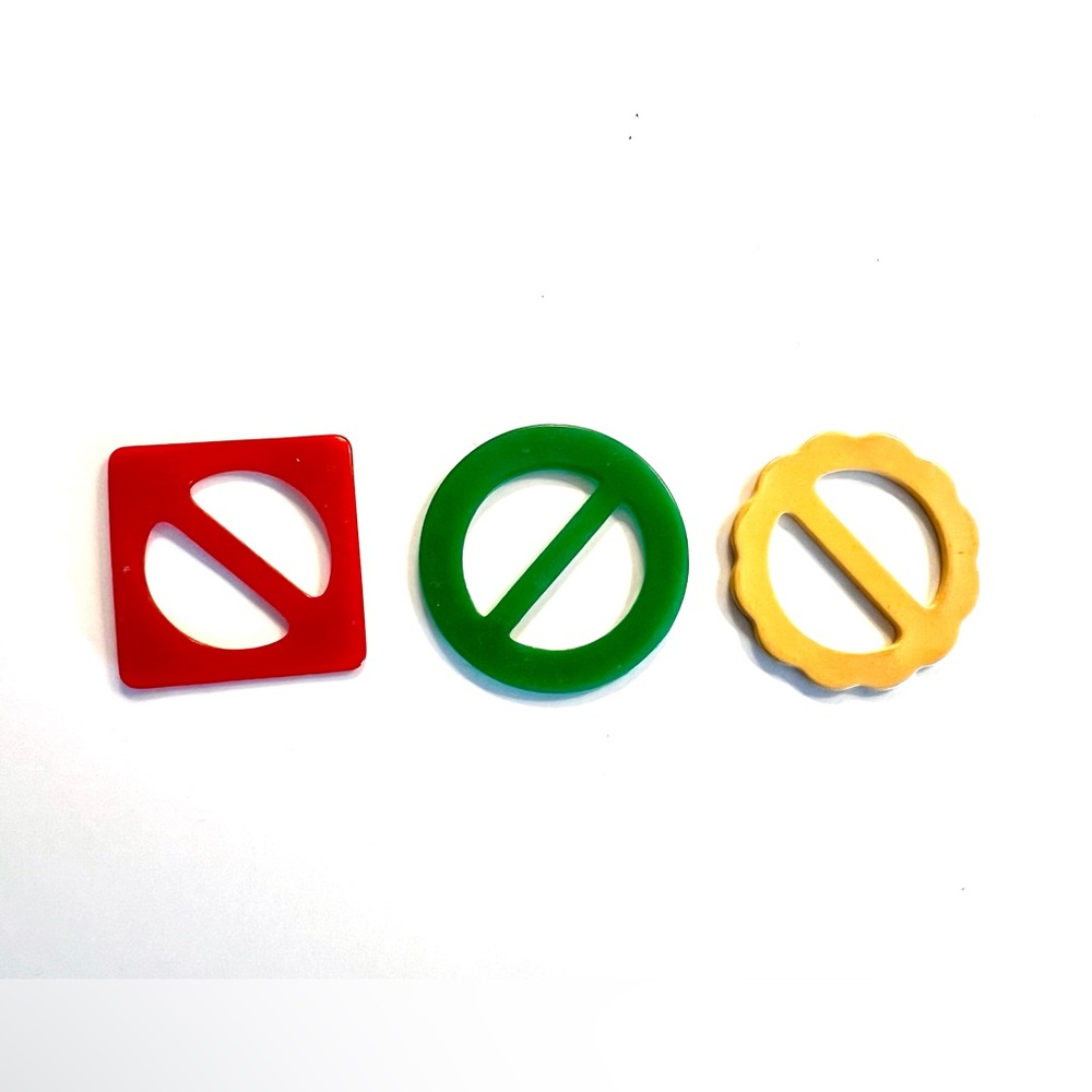 Three Vintage Bakelite or Acrylic Small Belt Buckles in Red, Green and Yellow